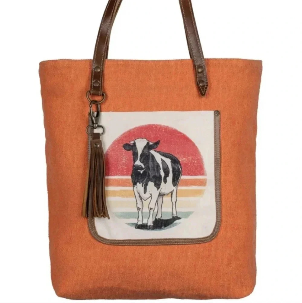 NWT Canvas Leather Orange Cow Tote Bag